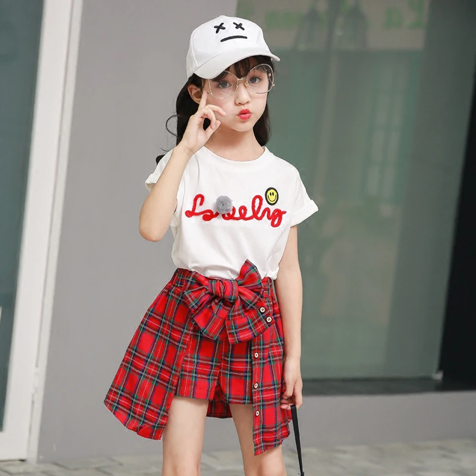 Girls Clothing Sets Shorts T-shirt+Plaid Bow Skirts 2Pcs for Kids Baby Clothes | Детская одежда и обувь