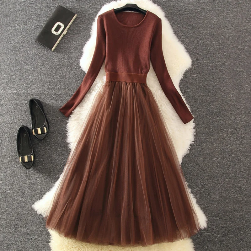 ALPHALMODA новинка вязаный свитер с длинными рукавами Лоскутная марлевая юбка