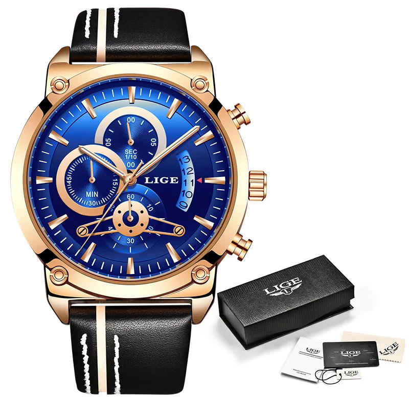 Rose gold blue LIGE, новинка, мужские часы, хронограф, аналоговые кварцевые часы, дата, креативный циферблат, Синий кожаный ремешок, водонепроницаемые наручные часы, Reloj Hombre - Цвет: Rose gold blue
