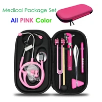 pink home medical health monitor storage case kit with stethoscope otoscope tuning fork reflex hammer led penlight torch tool
