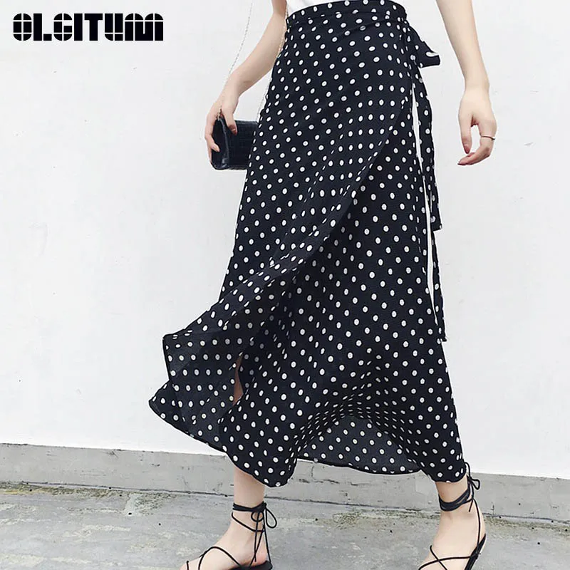 

New 2020 Summer Female Retro High Waist Was Thin One-Piece Straps Wave Long Chiffon Women Skirt SK384