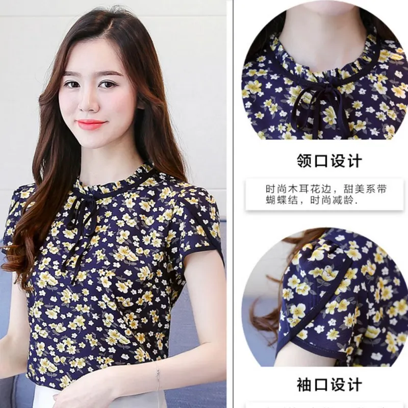 

New Blusas Femininas Summer Floral Print Chiffon Blouse Ruffled Collar Bow Neck Shirt Petal Short Sleeve Chiffon Tops