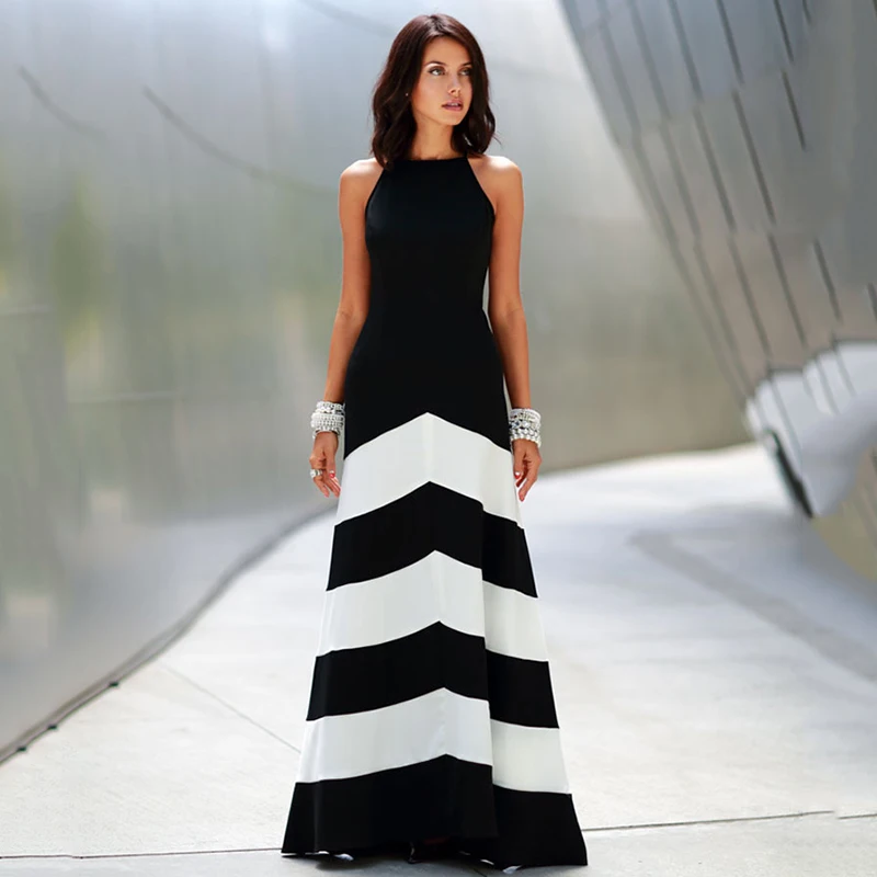 Sommer Dress 2016Sexy &amp Club Fit And Flare Striped Sleeveless Tank Natural O-neck Ankle-length Chiffon None Summer | Женская одежда
