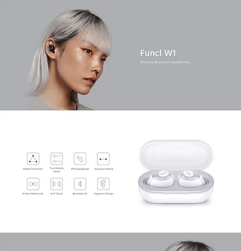 Funcl w1True беспроводные наушники 5,0 Bluetooth наушники-вкладыши стерео беспроводные наушники с микрофоном сенсорное управление гарнитура