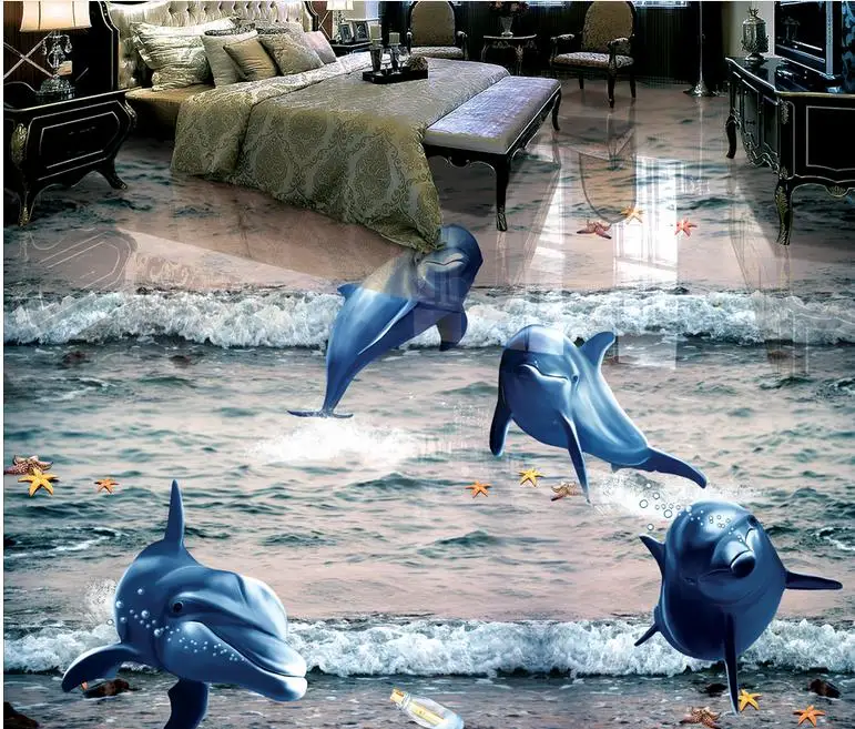 

Custom vinyl flooring Wallpaper Dolphin ocean Living room Bathroom 3D pvc Floor Self adhesive Wallpaper