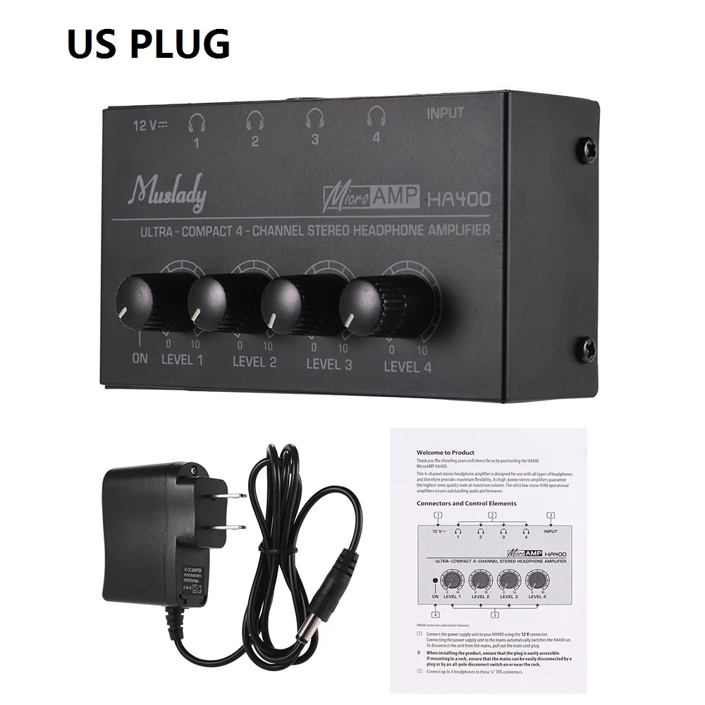 Black US PLUG HA400 ультракомпактный 4 Каналы аудио стерео усилитель для наушников с Мощность адаптер - Цвет: Black US PLUG