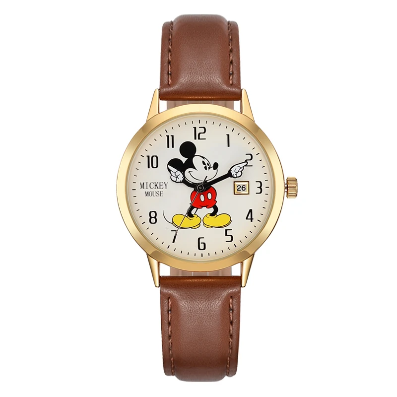 Бренд disney Микки Маус женские часы женские мужские кожаные кварцевые часы детские часы для девочек и мальчиков оригинальная подарочная коробка - Цвет: Brown Big Dial