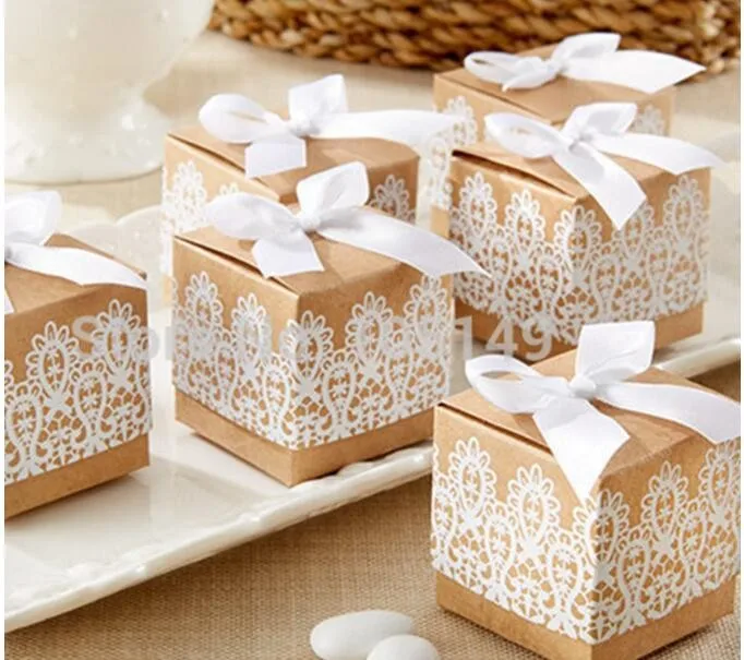 Rustic Lace Kraft Favor Box With Free Ribbon Wedding And Party