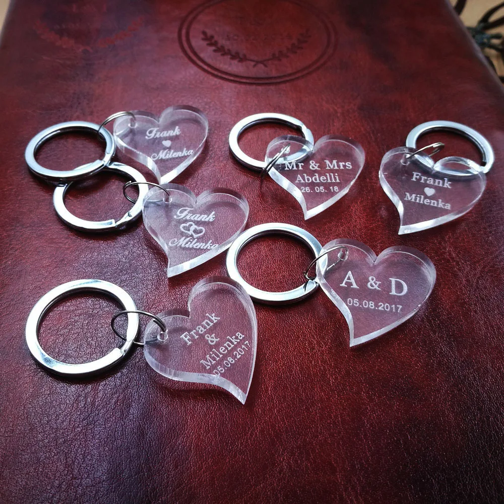 

(10pcs/lot)Customized Acrylic Design Clear Personalized Laser Engraved Keychain Love Heart Wedding tags Mr Mrs Favors and Gifts