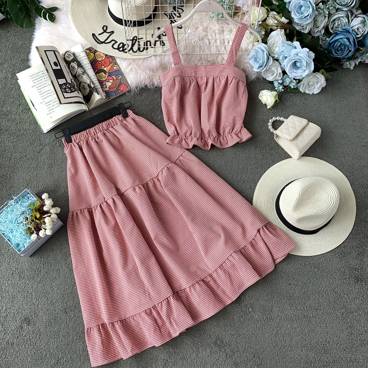 ALPHALMODA/ летний укороченный топ+ юбка трапециевидной формы, женский милый комплект из 2 предметов, куртка и юбка в клетку с высокой талией