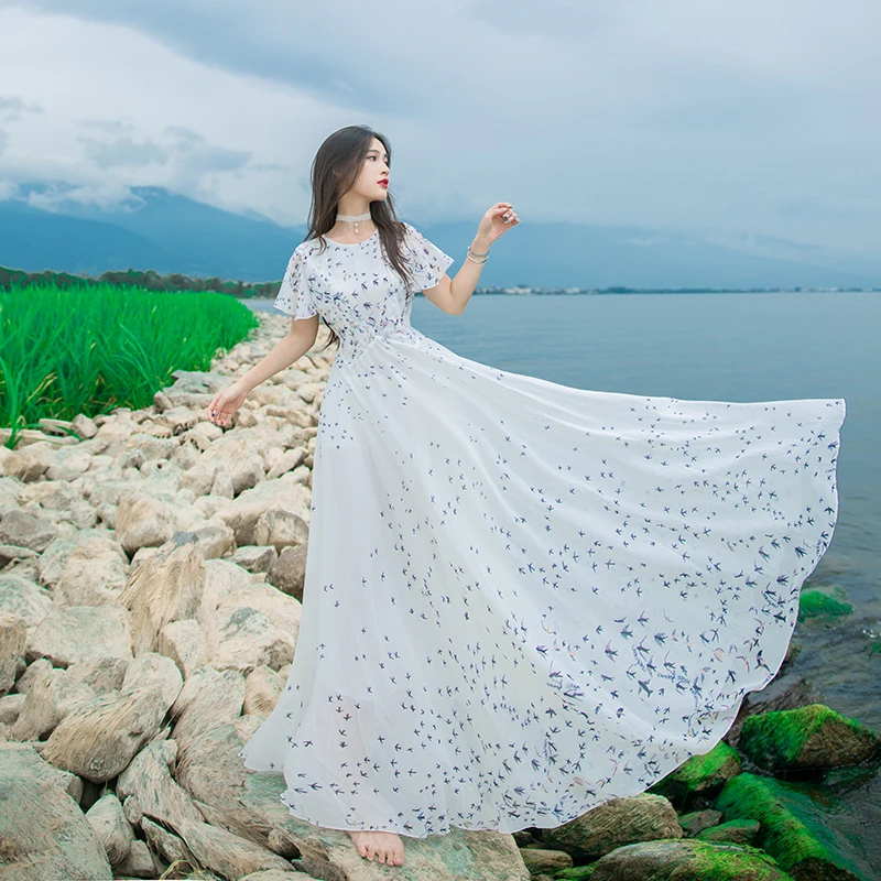 Осень 2017 принт длинное женское платье Корейский Винтаж Мода халат Mori Girl платья