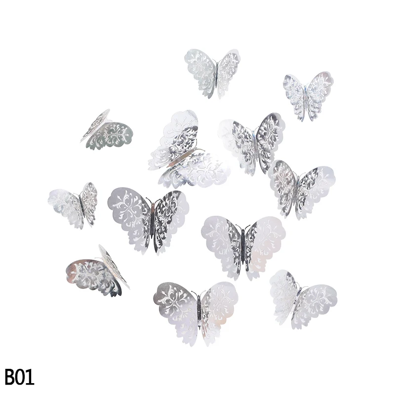 B01 12 шт., 3D Наклейка на стену с бабочкой, 3 размера, серебристые, золотые, полые бумажные наклейки, вечерние, свадебные, подвесные, декоративные наклейки, товары для дома - Цвет: B01