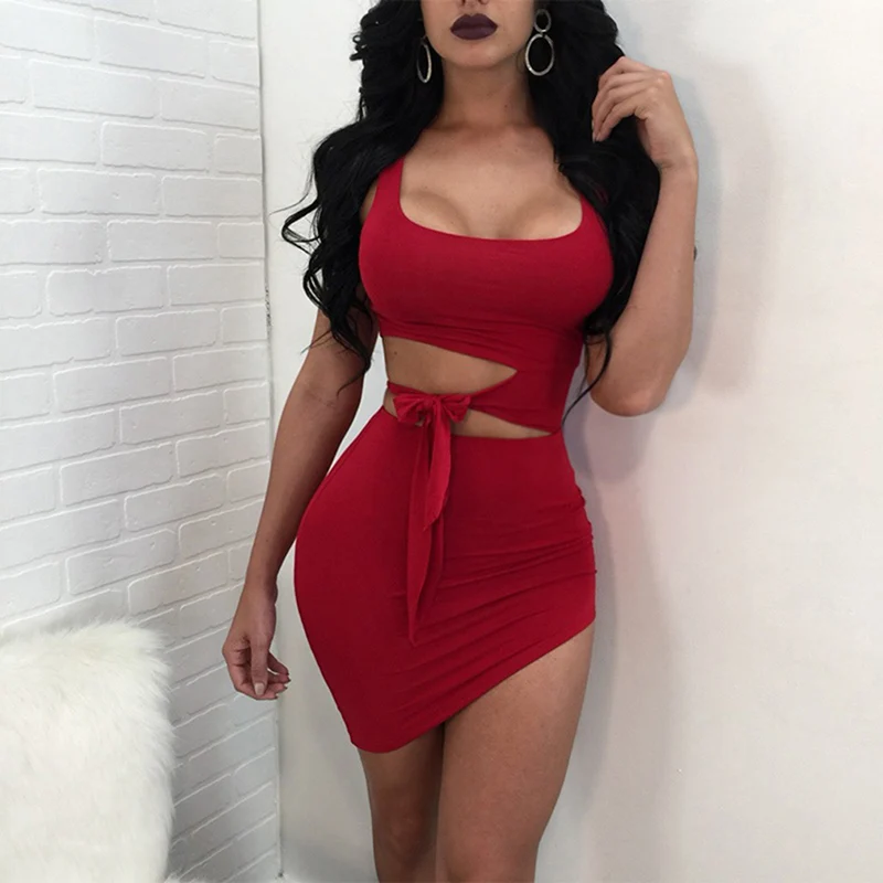 

Sexy Bust Lace Up Party Club Tank Dresses Women High Split Mini Dress Women 2019 Summer Sexy Irregular Lady Vestidos Solid