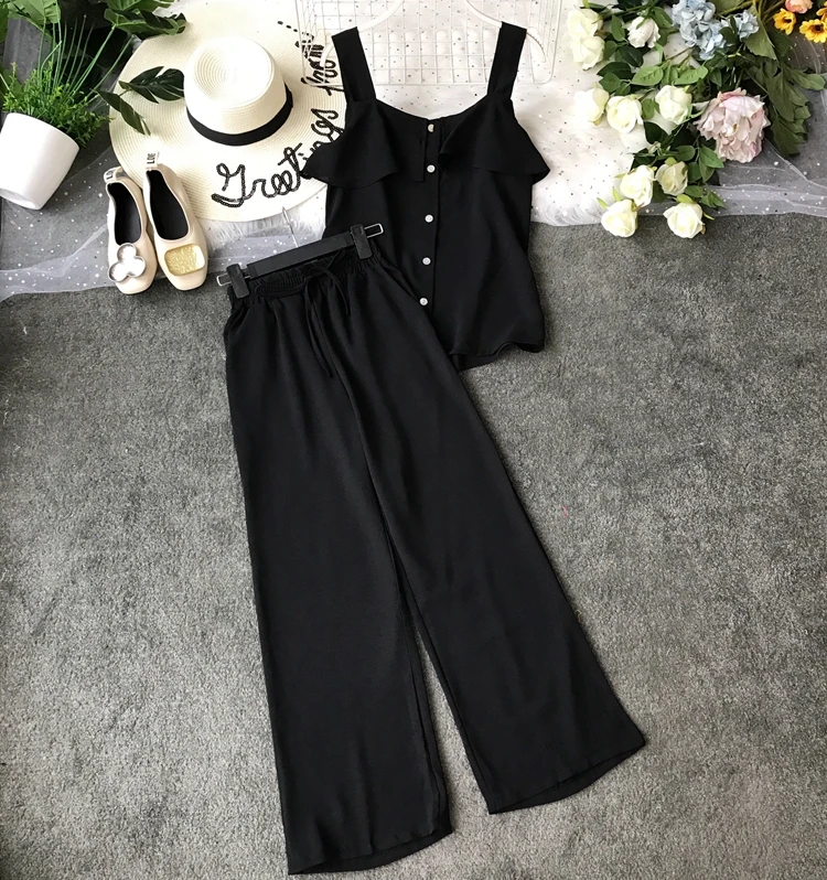 ALPHALMODA/ летний однобортный Топ с оборками+ широкие брюки, Женский повседневный комплект из 2 предметов, женские летние однотонные штаны, костюмы