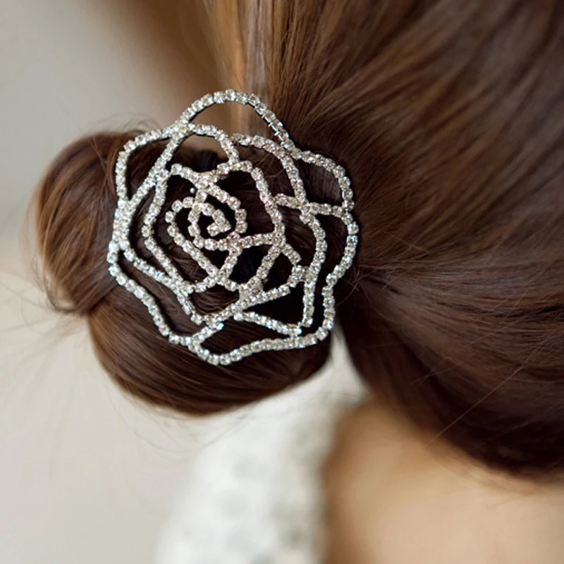 Модные стразы с кристаллами полые розы цветы эластичная повязка для волос женщин