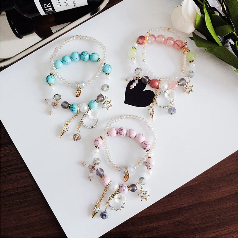 JZTOP Bohemia Beads Bracelets Crystal Crown Flower Pendant Bangles Double Layer Beaded Bracelet for Women Charm Jewelry Gift | Украшения и