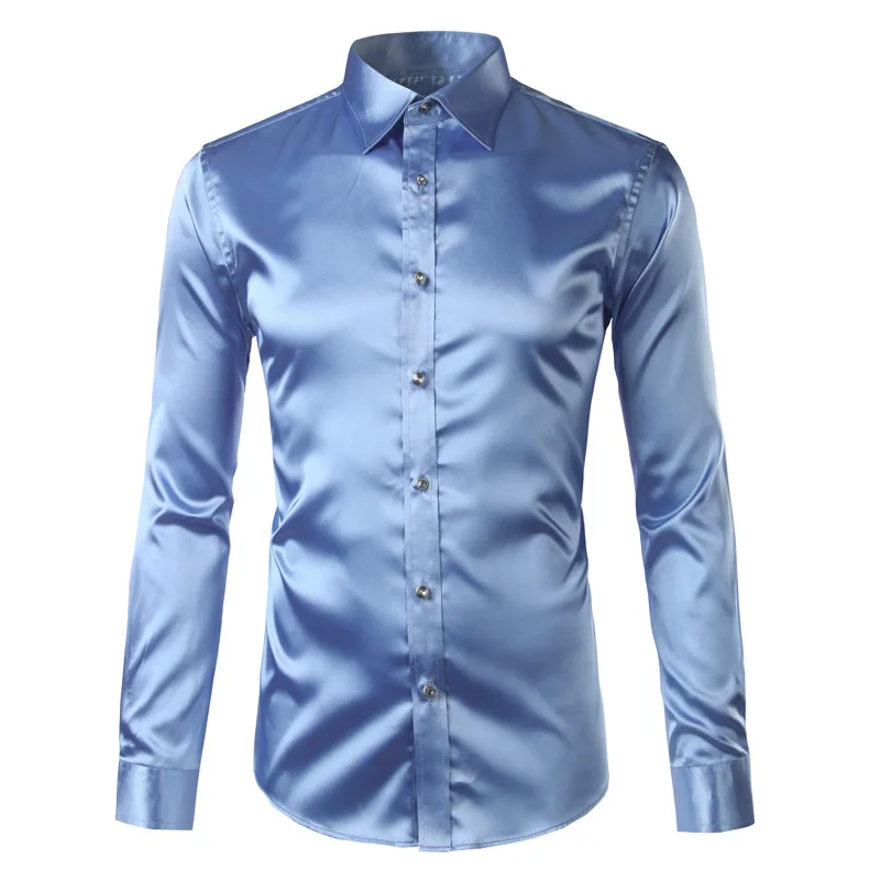 light-blue Трендовая шелковая атласная Мужская рубашка с длинным рукавом Chemise Homme модная мужская приталенная рубашка из искусственного шелка на пуговицах - Цвет: light-blue