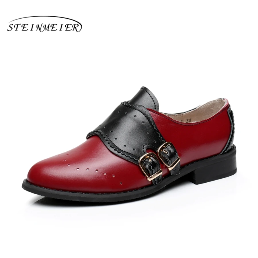

Genuine cow leather brogues designer vintage ladies flats shoes handmade black red blue oxford shoes for women 2020 spring