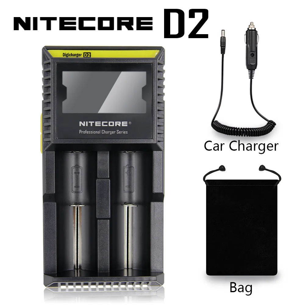 Nitecore D4 D2 I4 I2 Digi зарядное устройство lcd интеллектуальная схема глобальная страховка Li-Ion 18650 14500 16340 26650 зарядное устройство - Цвет: D2 And Bag Car
