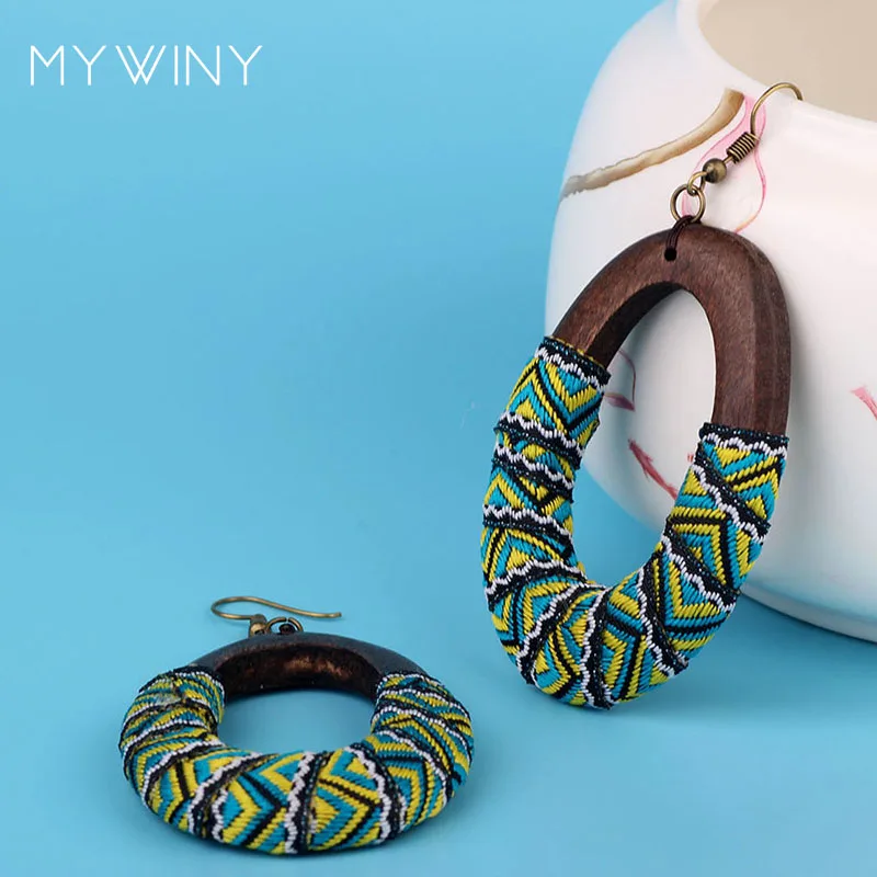 Новые винтажные цветные Серьги MYWINY из дерева с тканевым узором овальной формы 2