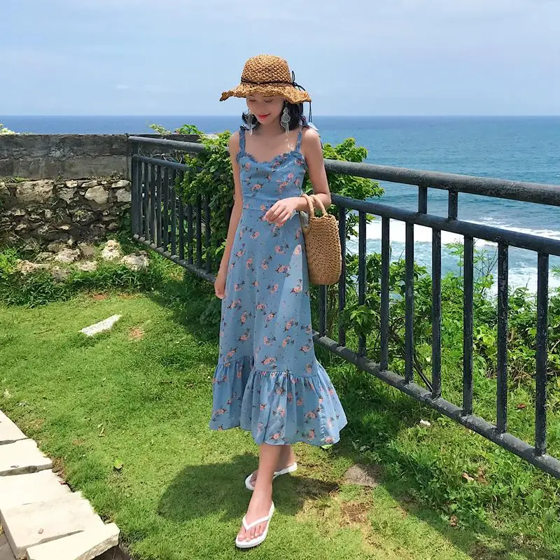 New Summer Vintage Dresses Romantic Floral Printed Vestidos Sleeveless Long Beach Dress Blue Spaghetti Strap vestidos de festa | Женская