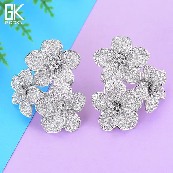 Silver GODKI новые трендовые Роскошные цветы Кластерные серьги-гвоздики для женщин Свадебные с кубическим Цирконом Кристалл Африканский Дубай серебряные свадебные серьги - Окраска металла: Silver