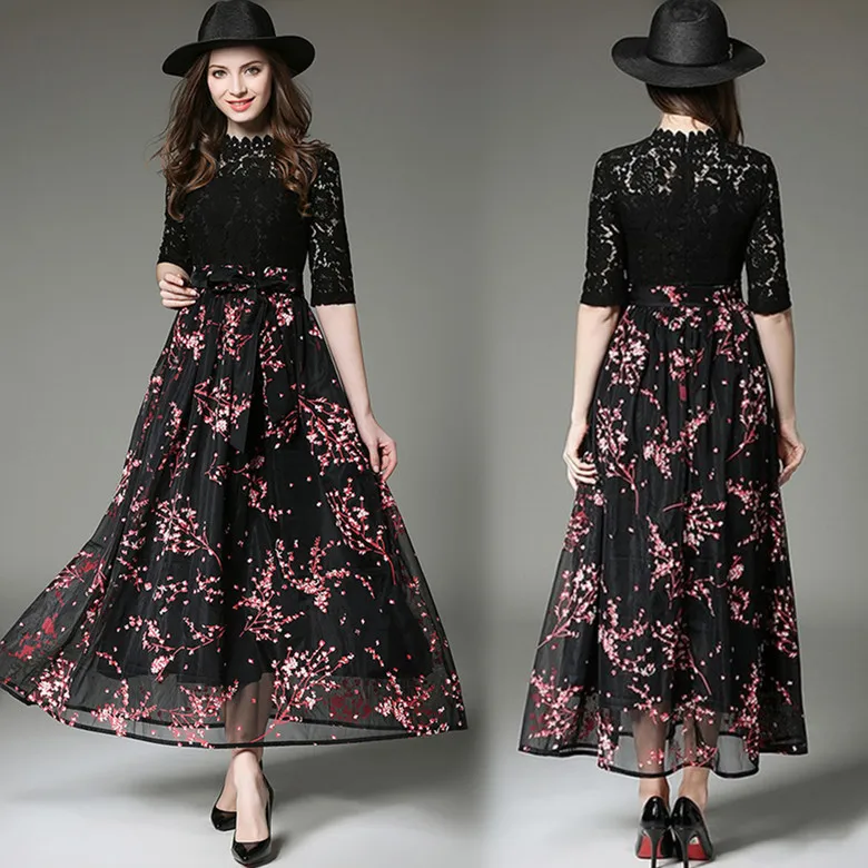 

High Quality New Golesun Brand Elegant Printed Flower Patchwork Lace Half Sleeve Long Dresses Women Work Casual Party Dress Set