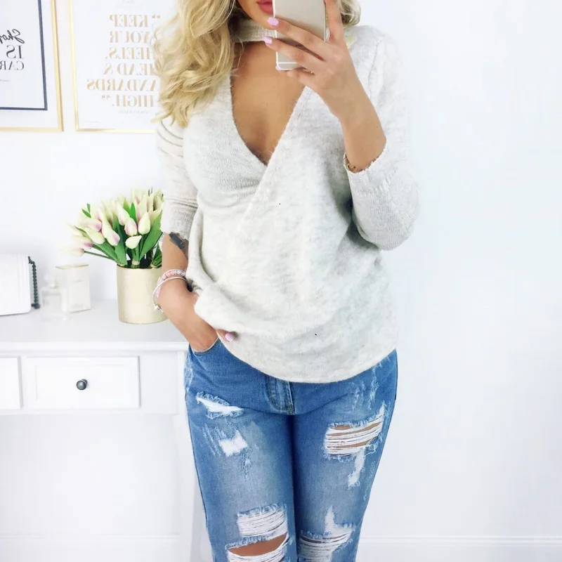 

Autumn Sexy Sided Deep V-Neck Top Tees Women Ladies Casual Long Sleeve T-shirts Clothing Tops Shirt Winter Clothes