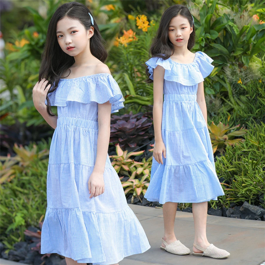 New Fashion 2019 elegant princess dress 2 ways wear wedding blue stripe off shoulder toddler girl dresses 6-15T | Детская одежда и