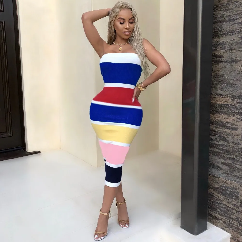 

Sexy Colorful Striped Midi Dress Summer Women Casual Strapless Sheath Bodycon Summer Dress Elegant Slim Party Dresses Vestidos