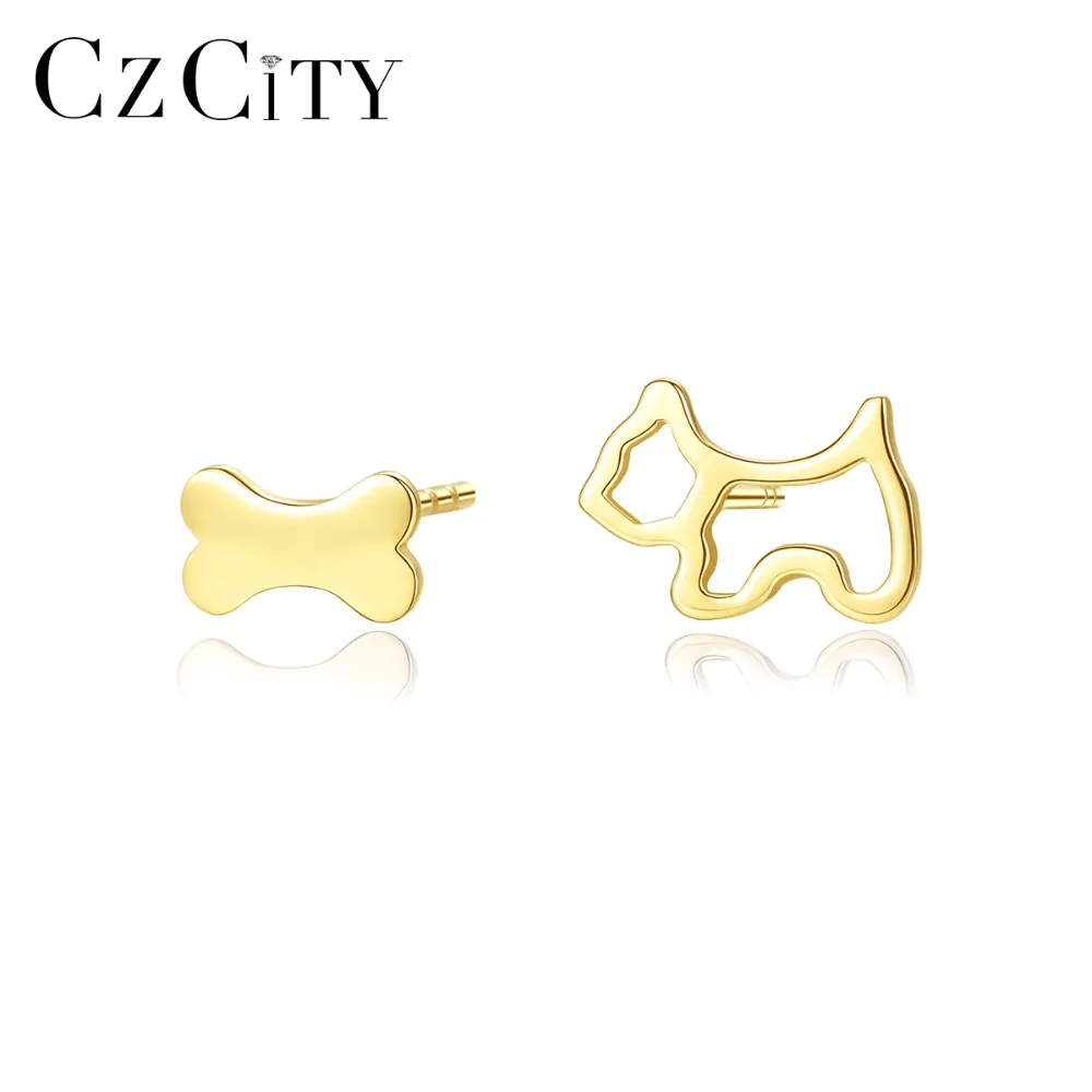 CZCITY 14k золотые милые серьги-гвоздики в виде собачек и костей для женщин, маленькие серьги-гвоздики для ушей, повседневная одежда, желтые золотые ювелирные серьги