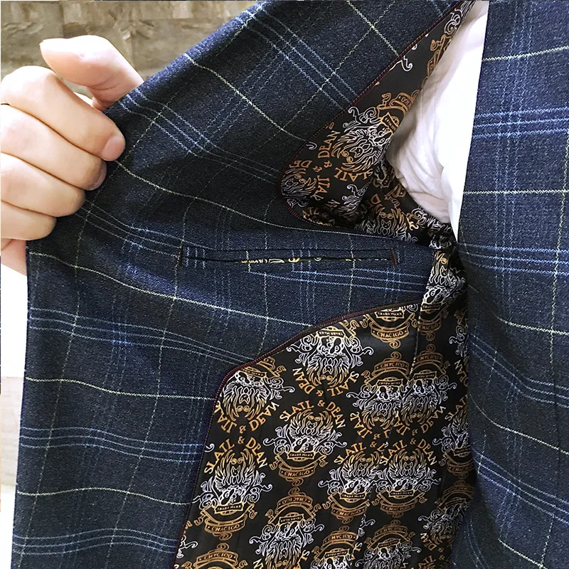Korean Version Self-cultivation Men's Plaid Printed Suit Three-piece Dress Costume Homme Mariage Luxe | Мужская одежда