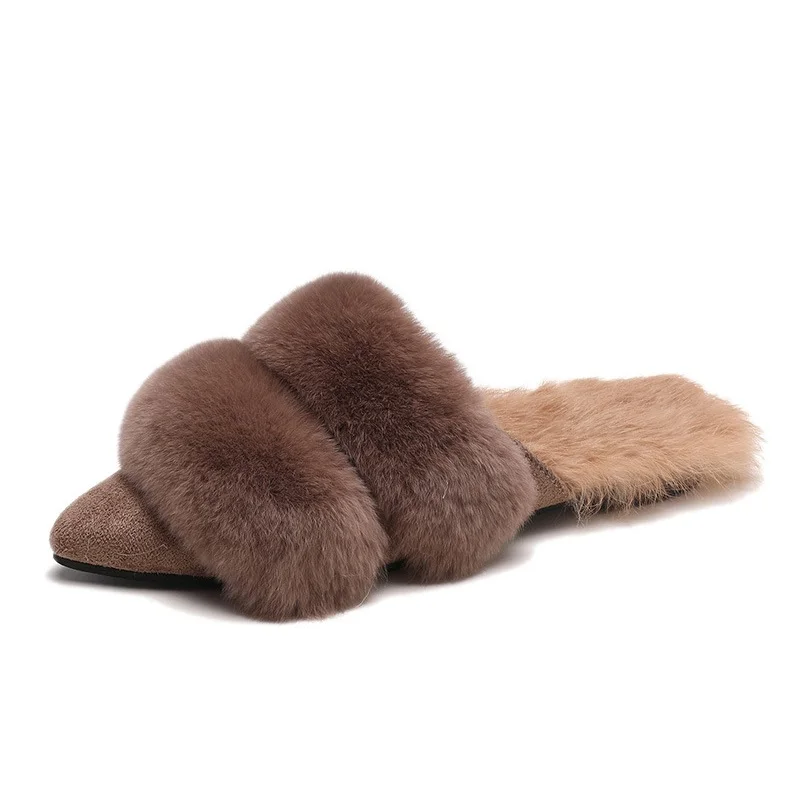 Роскошные женские шлепанцы из натуральной кожи на меху зимние дизайнерские T1808028A