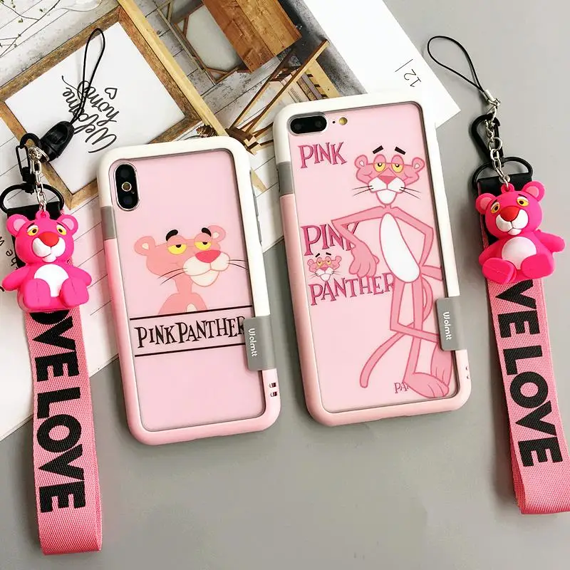 For iphone 8plus Pink Panther F &amp B Tempered Glass screen protector + soft bumper for iPhone X 8 7 7plus 6 6S 6sP toy +straps |