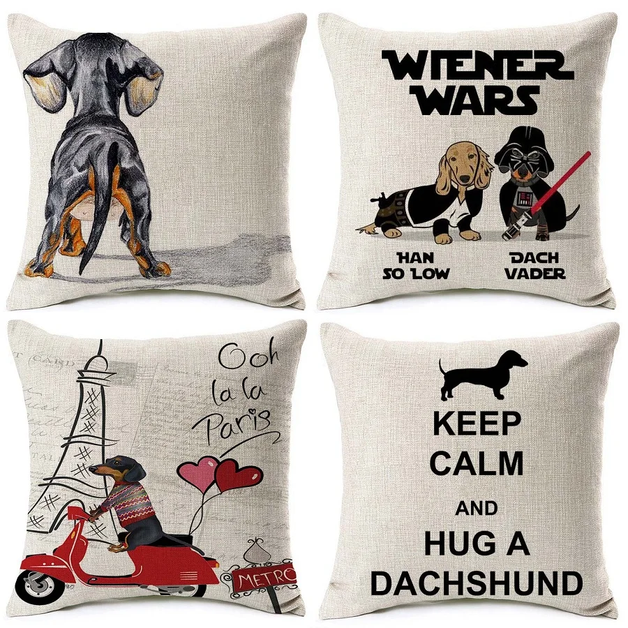 

Sausage Dog Cushion Covers Keep Calm and Hug a Dachshund Love Heart Satr Pillow Cover Beige Linen Pillow Case Bedroom Decor