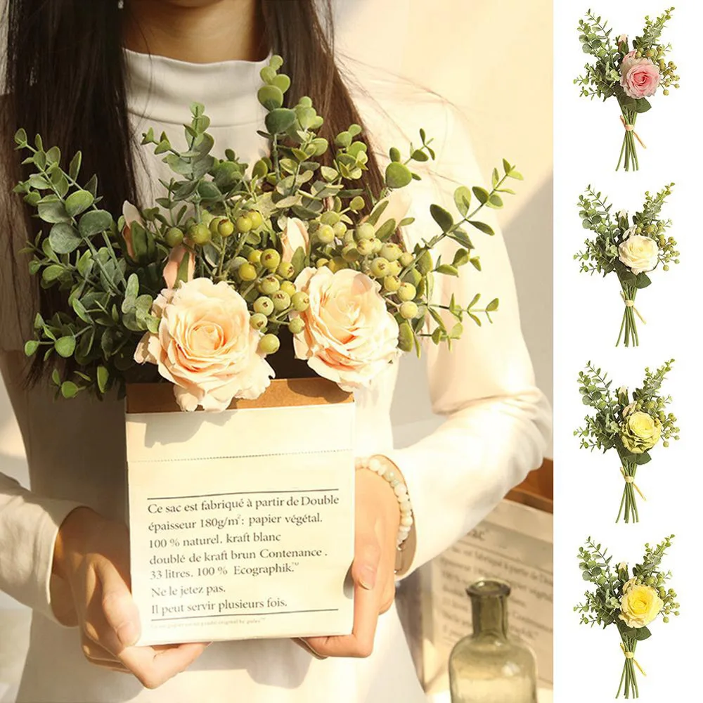 1 голова+ 2 бутоны/шт шелк DIY искусственная Роза ручной работы цветок эвкалипта Листья Свадебный букет Свадебный дом Декоративные искусственные цветы