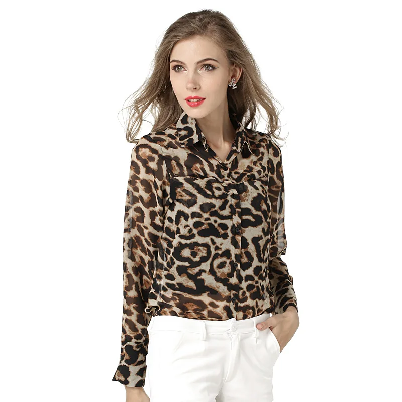 Осенний сезон 2016 г. женские новые свободную рубашку леопардовая расцветка шифона