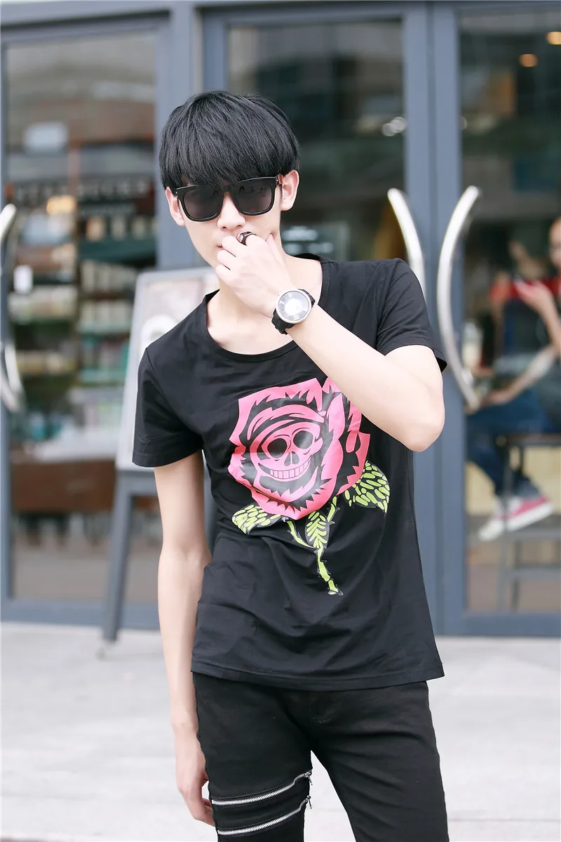 Мужская футболка с розовым черепом модная в стиле хип-хоп Корейском Новинка |