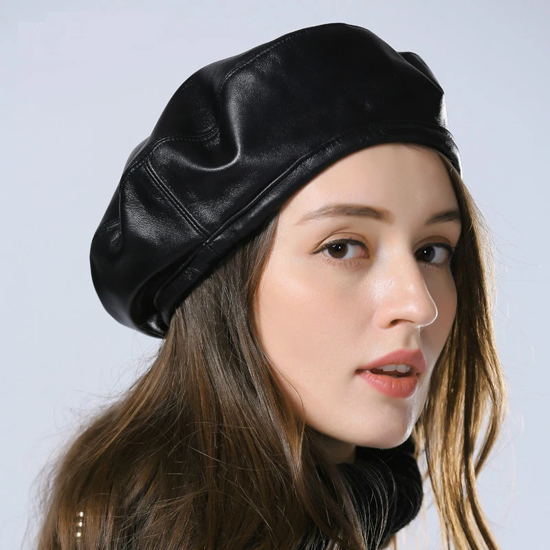 Exclusive 2022 Winter Women Simple Eengland Style Genuine Leather Black Beanies Hat Female Beret Jazz Painter Caps 55-58 cm | Аксессуары