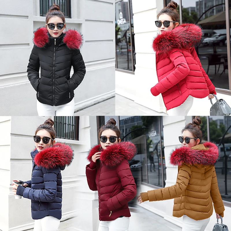 Женские зимние куртки с меховым воротником облегающие капюшоном теплые короткие