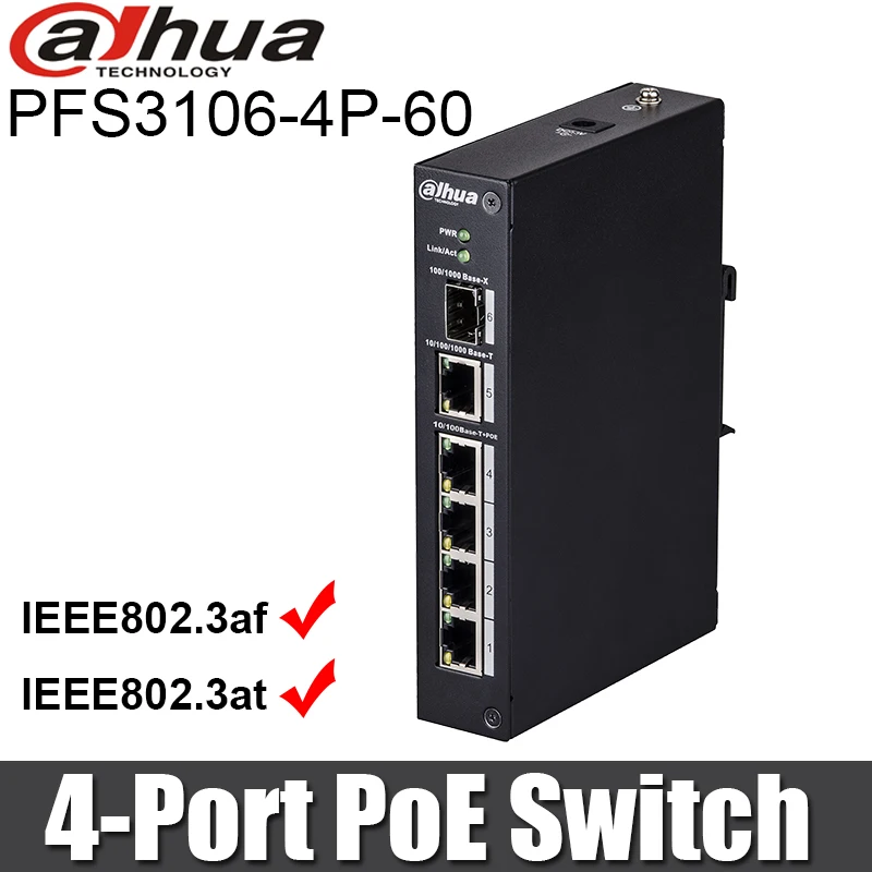 Сетевой видеорегистратор Dahua PFS3106-4P-60 4-Порты и разъёмы коммутатор питания через ethernet коммутатор Поддержка IEEE802.3af IEEE802.3at DH-PFS3106-4P-60 двухслойный промышленный коммутатор питания через Ethernet