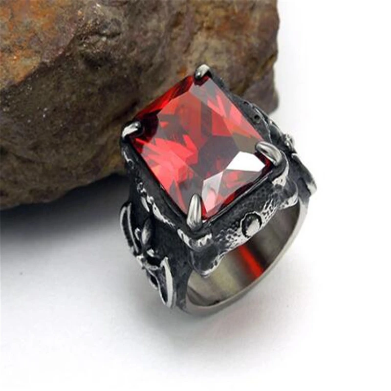 New Punk Style Red Glass Ring Men's Vintage Jewelry High Quality Big Square Stones Finger Rings For Man Titanium Steel | Украшения и