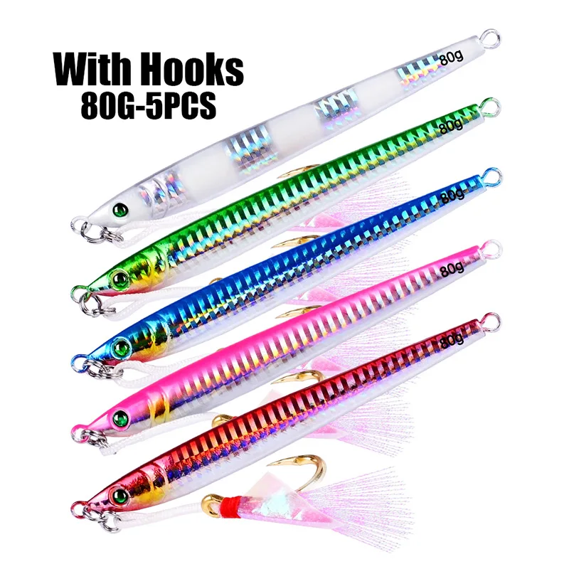 80G with Hooks 5 шт. джиг рыбы привести 7 г-100 г/6 см-13.5 см металл джиг-приманки рыбалка 5 цветов с блестками Ножи воблер искусственный Жесткий приманки - Цвет: 80G with Hooks