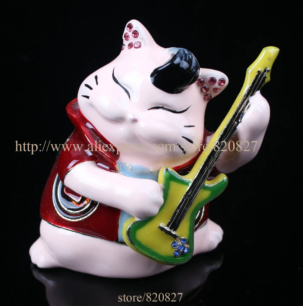 Vintage Cat Trinket Box Beautiful Jeweled Pewter Cat Playing Guitar Jewelry Box
