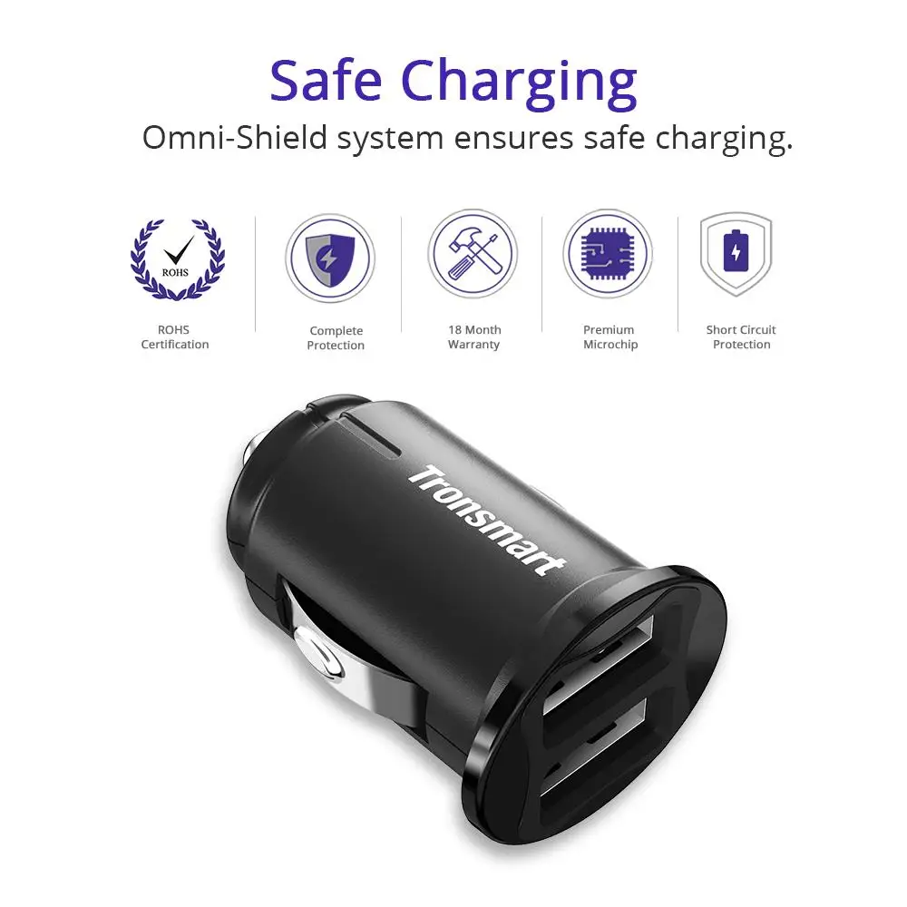 Tronsmart C24 Dual USB Автомобильное зарядное устройство для телефона зарядка samsung xiaomi ios