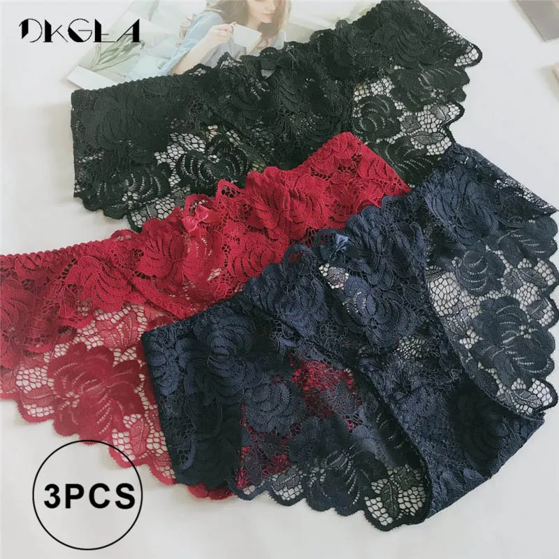 Black Blue Red wine Сексуальные трусики 3 шт. Белый+ черный+ синий кружевное белье плюс размер невысокие трусики прозрачные женские трусы вышивка - Цвет: Black Blue Red wine