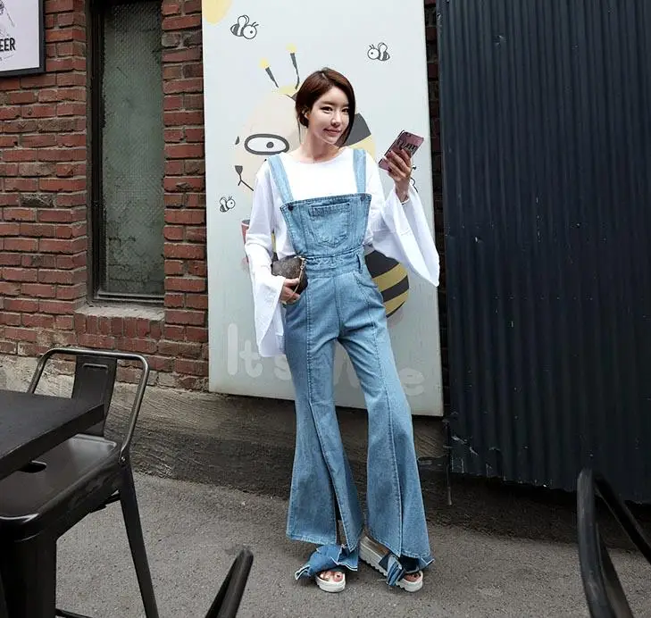Женский джинсовый комбинезон с разрезами расклешенным низом 2019|denim jumpsuit|fashion