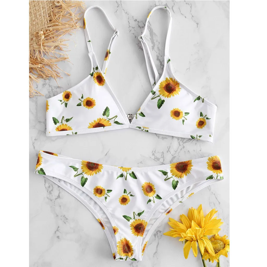 Женский раздельный купальник с принтом подсолнуха черный сексуальный v образный