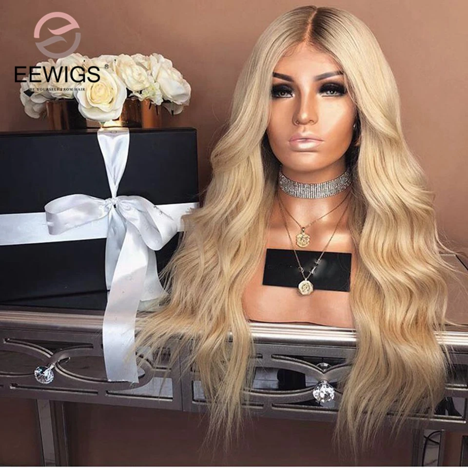 EEWIGS Ombre блонд парик на кружеве с коричневыми корнями Glueless термостойкие Свободные волны косплей синтетические парики для черных женщин