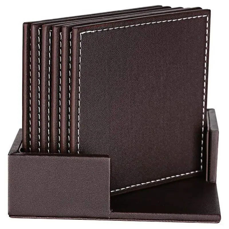 Coasters For Drinks Leather Set With Holder Of 6 Protect Furniture From Water Marks Scratch And Damage (Sqaure Br | Дом и сад